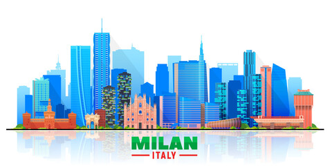 Obraz premium Milan Italy skyline with panorama in white background. Vector Illustration. Business travel and tourism concept with modern buildings. Image for banner or website.