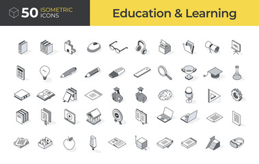 50 Education & Learning Isometric Icons Set - obrazy, fototapety, plakaty