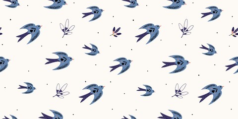 Fototapeta na wymiar Spring time seamless pattern with birds in folk style