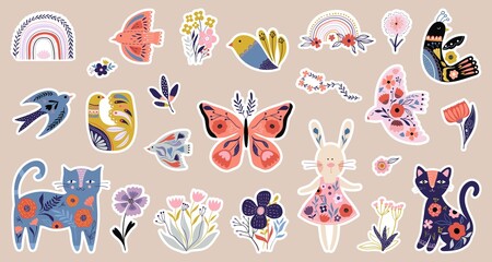 Spring collection with decorative stickers, folk style design, seasonal floral elements