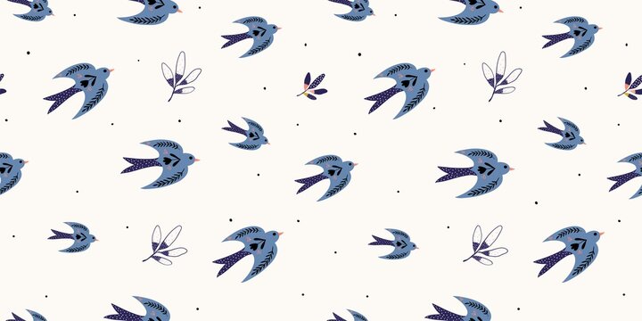 Spring time seamless pattern with birds in folk style