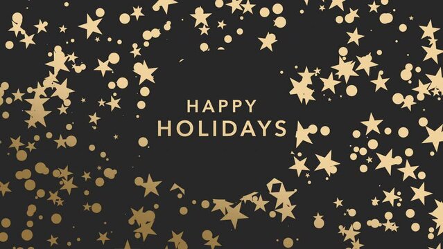 Happy Holidays with gold stars and confetti in winter time, motion holidays and winter style background for New Year and Merry Christmas