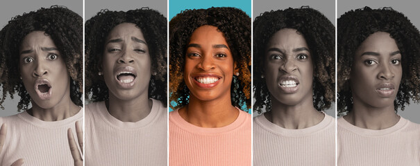 Portrait of emotional black woman with curly hair showing diverse positive and negative emotions, collage