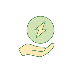 Save energy icon. Lightning bolt between hand icon in color icon, isolated on white background 