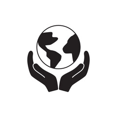 globe earth in hand icon in black flat glyph, filled style isolated on white background