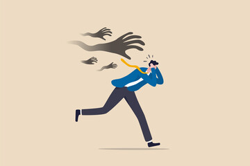 Fototapeta na wymiar Fear or struggle from business failure, anxiety, depression or panic attack, afraid or negative feeling, mental disorder concept, frightened businessman running away from creepy monster hand chasing.