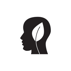 Leaf human head icon. Green mind icon in black flat glyph, filled style isolated on white background