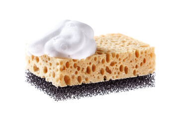 New two-layer household dishwashing sponge with foam isolated on white background.