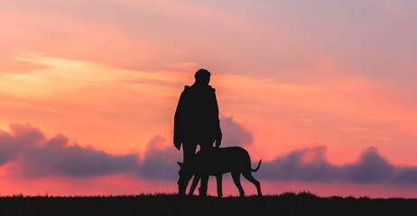 Silhouette of a girl with a big dog at sunset