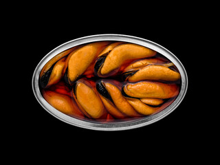 Overhead view of a tin can with mussels inside on a black background so that it can be silhouetted...