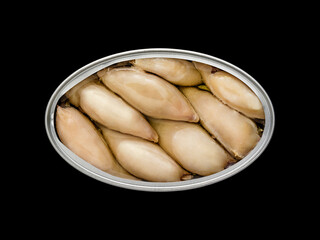 Overhead view of a tin of canned food with baby squid inside on a black background so that it can be silhouetted and the background can be changed.