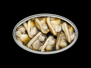 Overhead view of a tin can with clams inside on a black background so that it can be silhouetted and the background can be changed.