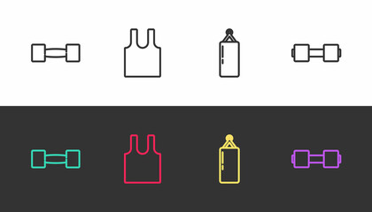 Set line Dumbbell, Sleeveless T-shirt, Punching bag and on black and white. Vector