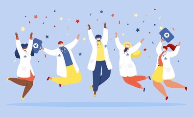 A group of doctors in white coats and protective masks jumps and celebrates against the background of confetti.