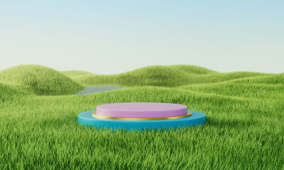 Green grass field with pink and blue cylindrical podium. Summer landscape scene mockup. 3d illustration