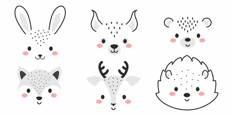 Cute collection of cartoon animal faces. Party decor for children. Childish print for cards, stickers, invitation, nursery decoration. Vector illustration.