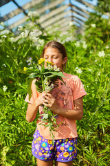Fototapeta premium A school-age girl is holding a large bouquet of various wild flowers of different colors and types.