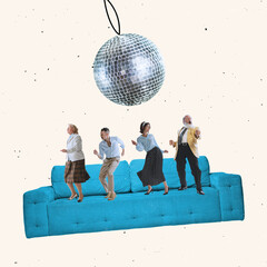 Contemporary art collage with mixed age people in retro 80s style attire dancing on giant blue sofa isolated over light background. Party time