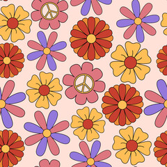 Retro 70s seamless pattern, hippie background with simple flowers. Great for fabrics and packaging. 