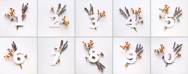 Numbers with dry grass and lavender flowers. Numbers one to ten and zero with floral decorations on...