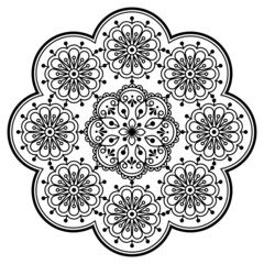 Retro Scandinavian vector embroidery folk art style mandala design with flowers perfect for greeting card or wedding invitation in black and white
