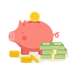 Money bills, coin and piggy bank. Finance and economy concept. Vector stock illustration in flat style. 