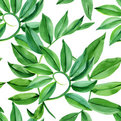Seamless texture. Glamorous pattern branches with tropical leaves. Watercolor illustration