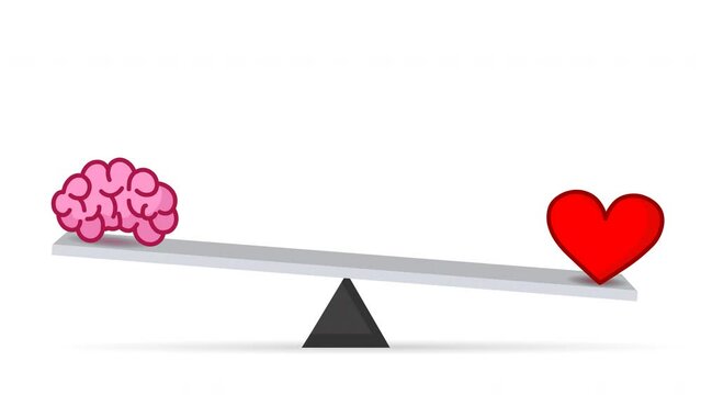 Heart brain versus, love vs logic on lever balance. Seesaw loop animation. Mind, intelligence  thought, feeling, thing, science compare and choice. Head, heart person. White back. 2D cartoon video