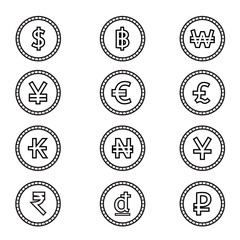 Currency symbol coin outline icon set.