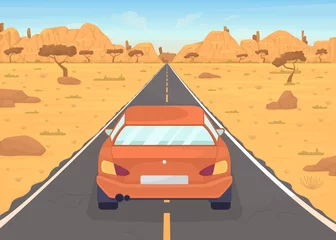 Foto op Canvas Automobile on desert road flat color vector illustration. Safe transportation. Domestic travel. Red car driving on road 2D simple cartoon object with desert-like landscape on background © The img