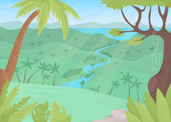 Fototapeta na wymiar Tropical rainforest flat color vector illustration. Natural paradise. Undeveloped jungle environment. Wildlife spotting. Forested 2D simple cartoon landscape with river and lush foliage on background