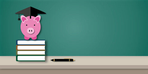 Graduation cap with piggy bank, pen, books and table on black chalkboard background. Concept for business education investments and loans, success studying. copy space. paper cut style.