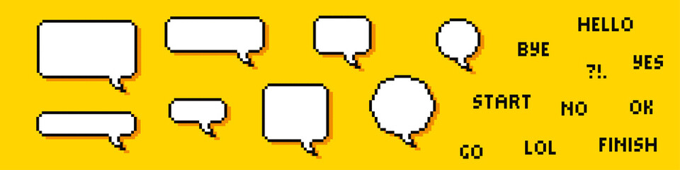 Pixel speech bubbles. Chat speech or dialogue. Set of empty pixelated speech bubbles. Vector illustration - obrazy, fototapety, plakaty