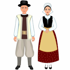 Woman and man in folk national french costumes. Vector illustration