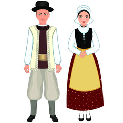 Woman and man in folk national french costumes. Vector illustration