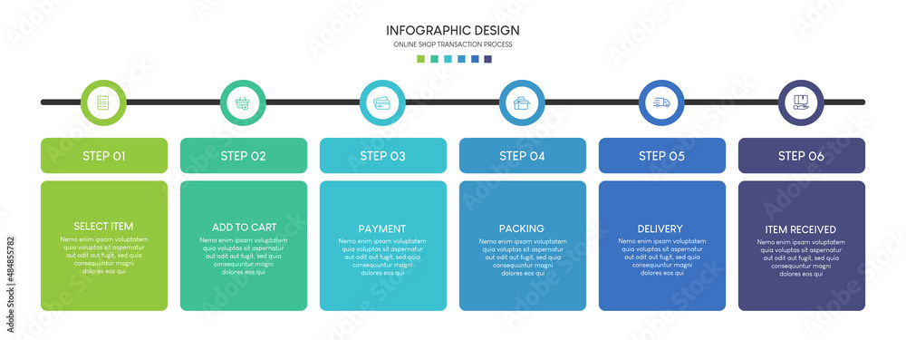Poster process of online shopping with 6 steps. steps business timeline process infographic template