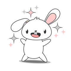 Cute happy bunny isolated vector character. Cartoon character for cards, presentations and children's clothing and products.
