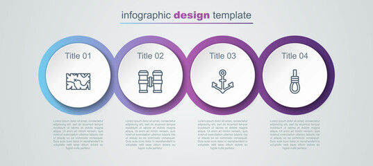 Set line Pirate treasure map, Binoculars, Anchor and Gallows rope loop hanging. Business infographic template. Vector
