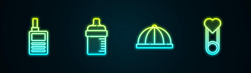 Set line Baby Monitor Walkie Talkie, bottle, hat and clothes pin. Glowing neon icon. Vector