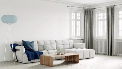 Beautiful interior of a modern room. Bright and clean design. A sofa standing by a large window against a wall background. 3D rendering