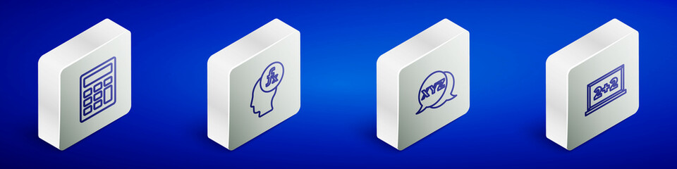 Set Isometric line Calculator, Function mathematical symbol, XYZ Coordinate system and Chalkboard icon. Vector