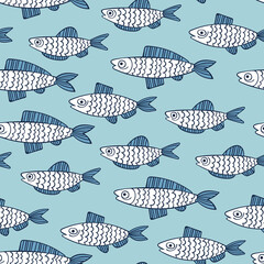 Fish. Cartoon marine animals print. Ocean ornament. Seamless vector pattern (background). 