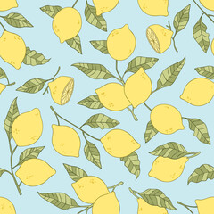 Lemons. Seamless vector pattern (background). Cartoon fruit print. 