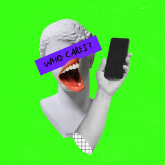Contemporary art collage with antique statue bust in a surreal style with female mouth and phone