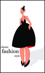 stylish minimalistic illustration. Abstract silhouette of a young girl in a black dress with red accents. Scarlet lips, a transparent shadow, the inscription "classic fashion style". 