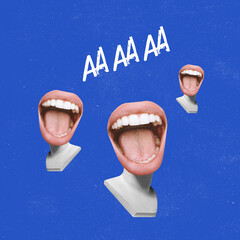 Creative design. Contemporary art collage with female mouths on antique statue bust laughing isolated over blue background