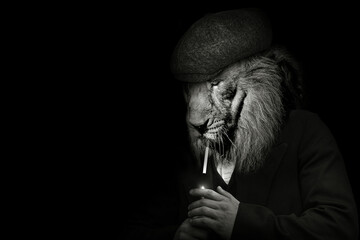 Man in the form of a Lion mammal Mafia style smoking , The Lion person , animal face isolated black...