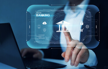 Businessman touching virtual screen  with icon online banking. Online payments, cyber security and...
