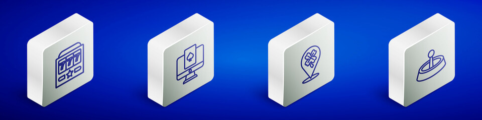 Set Isometric line Slot machine with jackpot, Online poker table game, Casino slot clover and roulette wheel icon. Vector