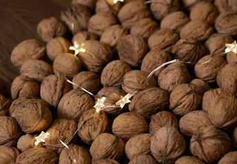 Several walnuts are on the table.